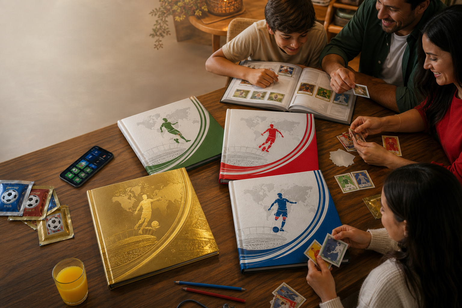 Mesa familiar con álbumes de fútbol coleccionables